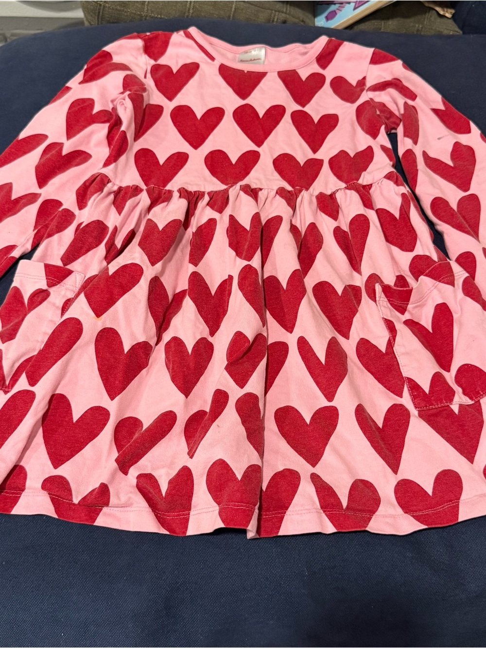 Hanna Andersson Pink Dress Red Heart Print Sz 6/7 Pockets 100% Cotton Long Sleev